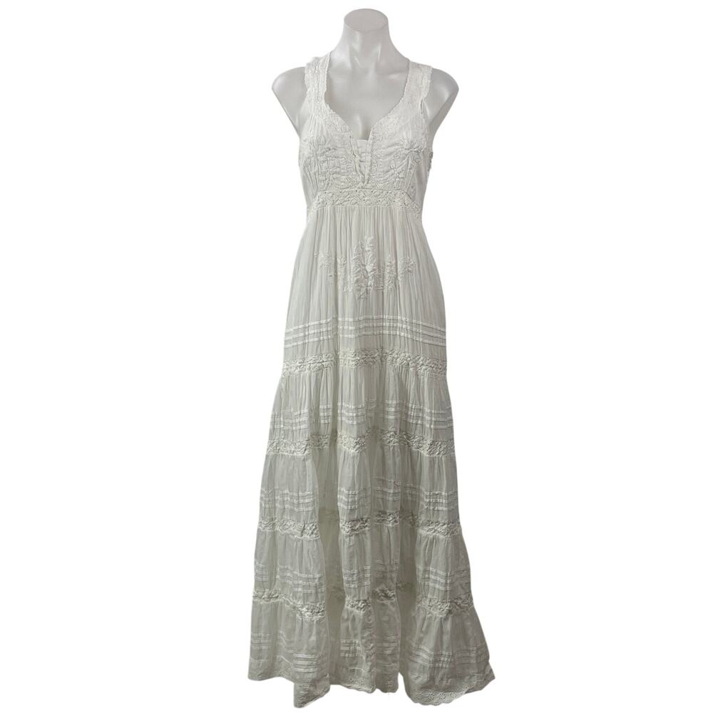 Rosso Ibiza Women's White Sleeveless Tiered Embroidered Bohemian Maxi Dress Sz S